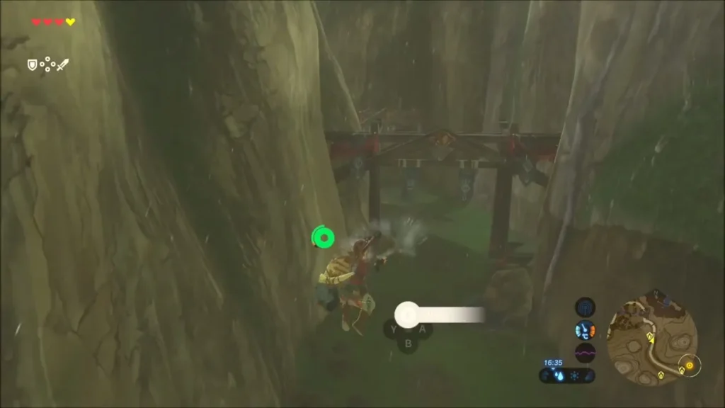 Link gliding down a narrow valley toward a wooden gate Link gliding down a narrow valley toward a wooden gate