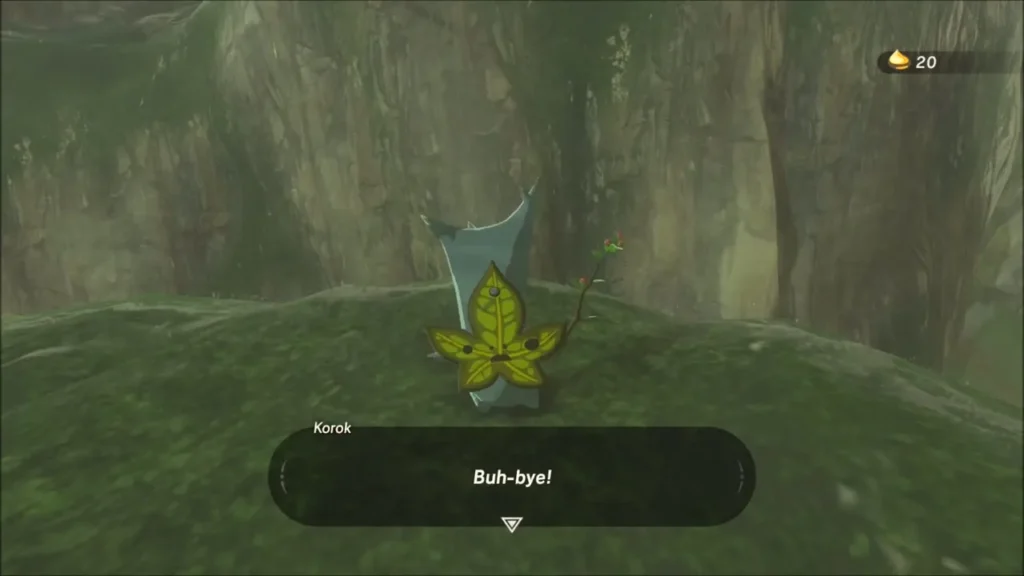 A Korok on the hilltop after the boulder is moved, with the seed count at 20 A Korok on the hilltop after the boulder is moved, with the seed count at 20