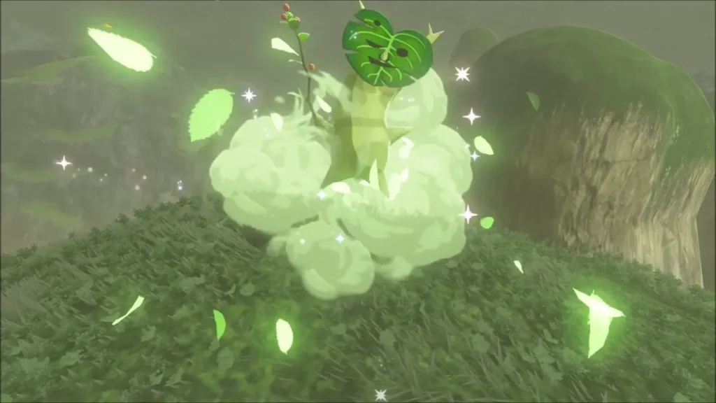 A Korok bursting out of the ground in a cloud of leaves A Korok bursting out of the ground in a cloud of leaves