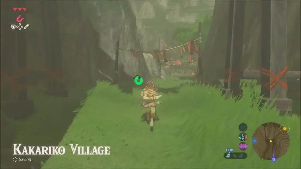 Link running up the green path as the Kakariko Village name appears Link running up the green path as the Kakariko Village name appears