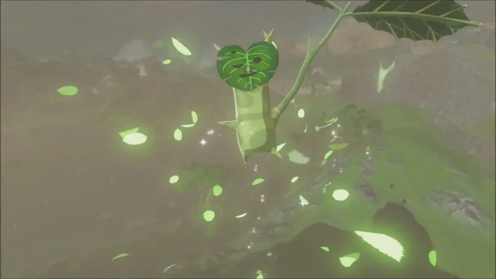A Korok appears in a shower of leaves after the balloons are shot A Korok appears in a shower of leaves after the balloons are shot