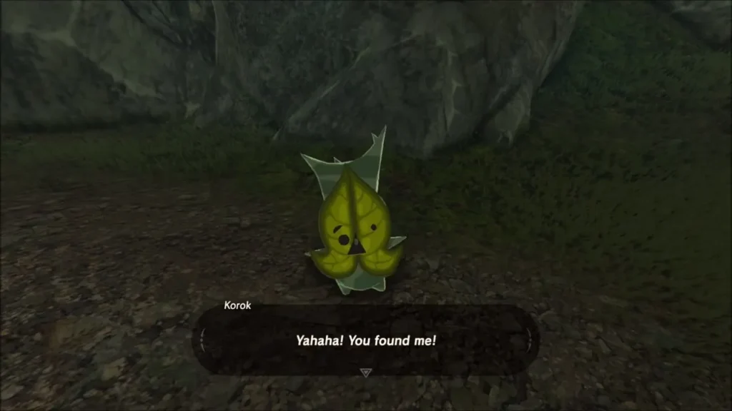 A Korok greeting Link in the dark near a cave mouth A Korok greeting Link in the dark near a cave mouth