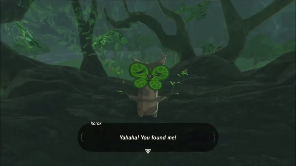 A Korok among dark tree branches saying Yahaha, you found me A Korok among dark tree branches saying Yahaha, you found me