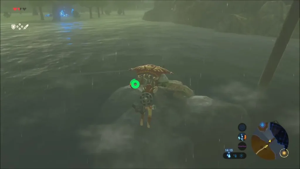 Link gliding down onto a small rocky islet in the rainy lake Link gliding down onto a small rocky islet in the rainy lake