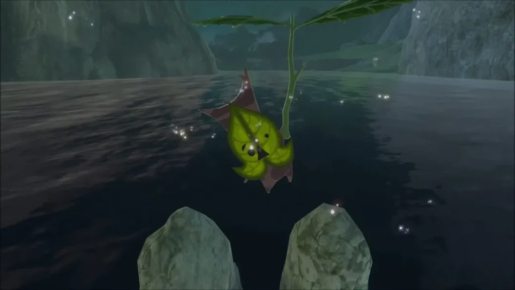 Korok floating between two stones above the lake Korok floating between two stones above the lake