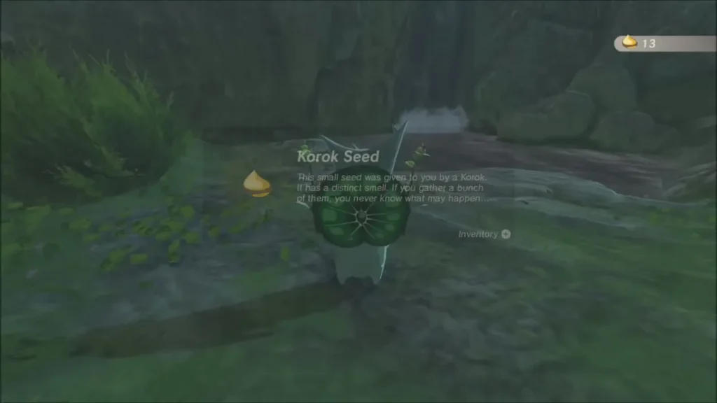Korok Seed item box shown beside the Korok at the stream Korok Seed item box shown beside the Korok at the stream