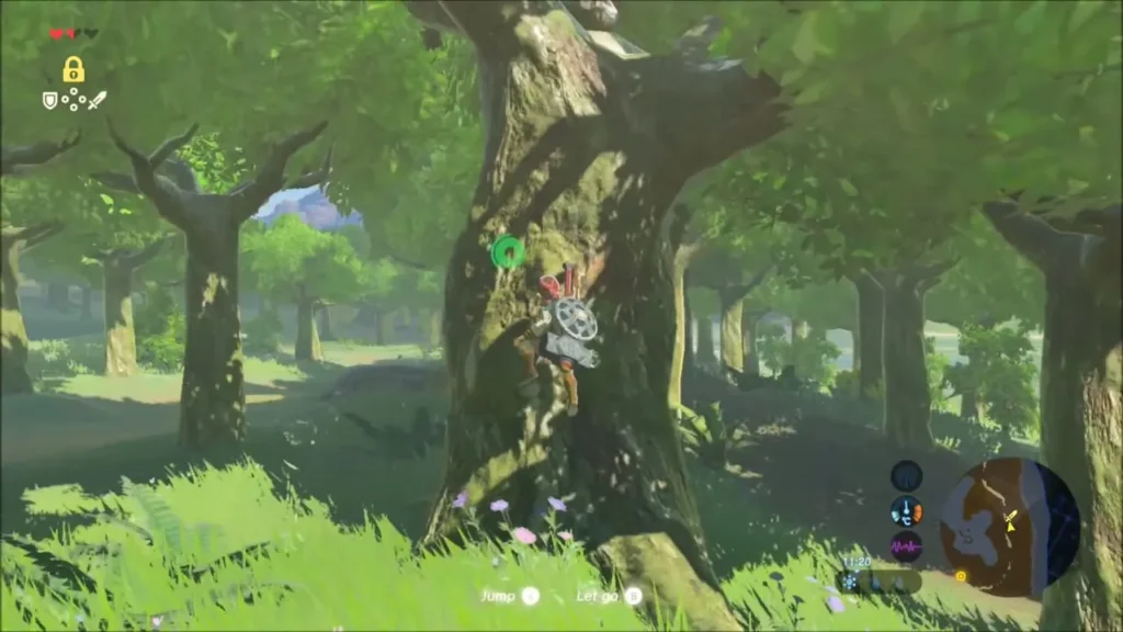 Link climbing a tree trunk in the woods toward a branch Link climbing a tree trunk in the woods toward a branch