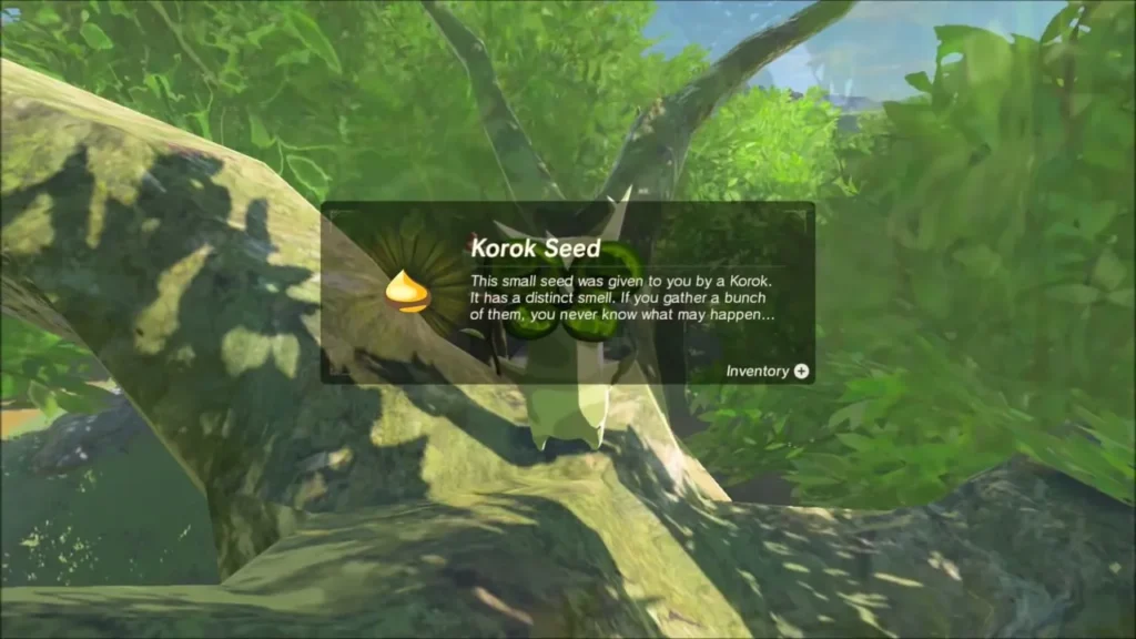 Korok Seed reward box over the Korok on the branch Korok Seed reward box over the Korok on the branch