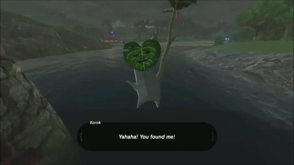 The Korok appears over the river, saying it was found The Korok appears over the river, saying it was found