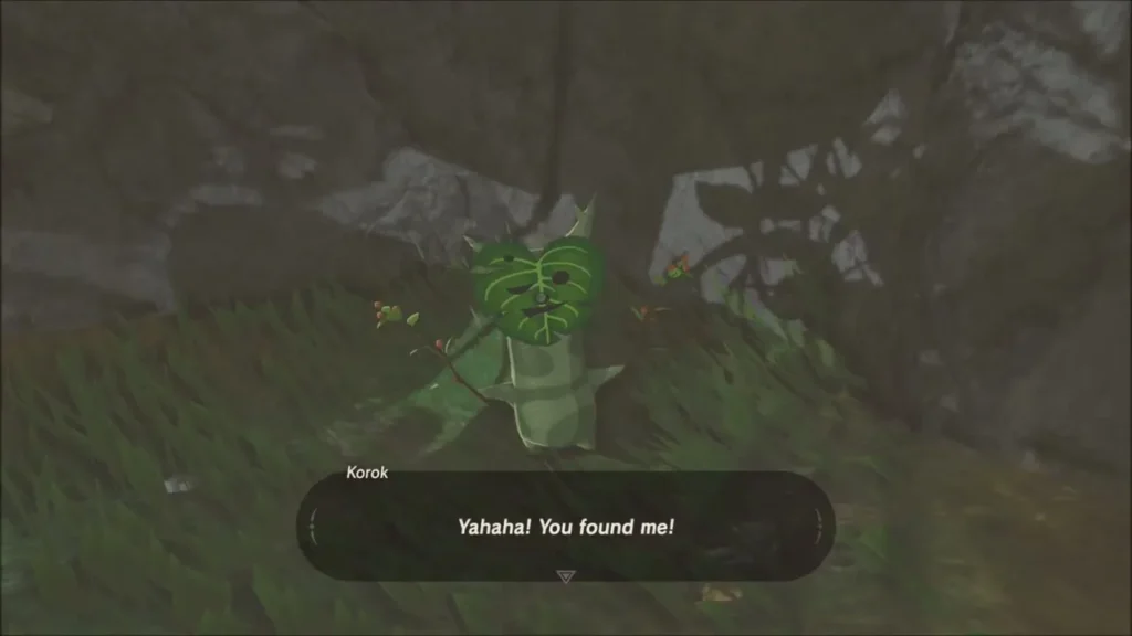A Korok greets Link beside the boulder at the foot of the tree A Korok greets Link beside the boulder at the foot of the tree