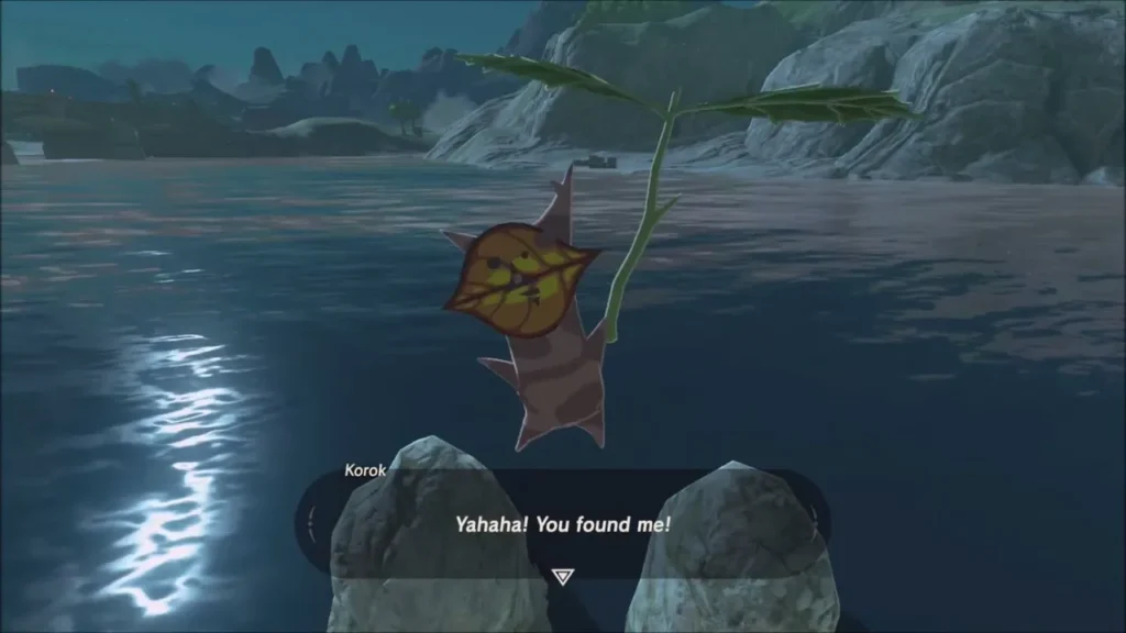 A Korok holding a leaf says it was found, above the water A Korok holding a leaf says it was found, above the water