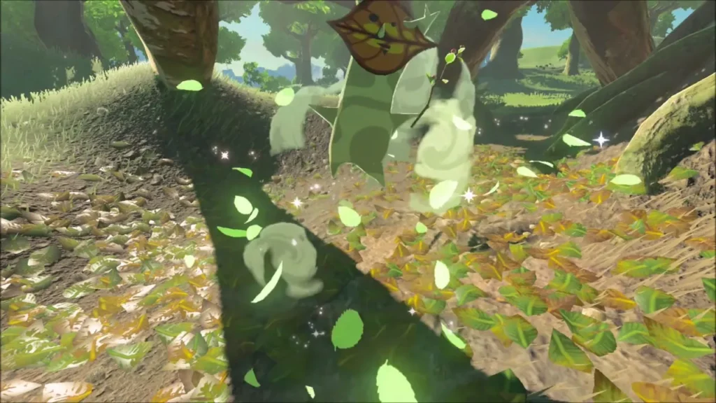 A Korok bursting out of a pile of fallen leaves at the foot of a tree A Korok bursting out of a pile of fallen leaves at the foot of a tree
