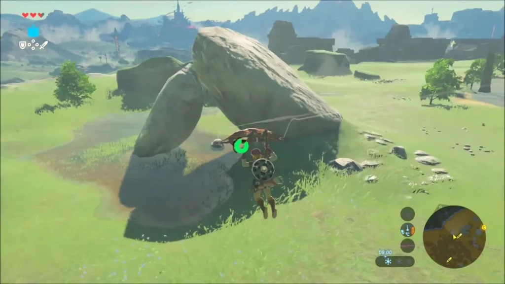 Link beneath two leaning boulders forming an arch on the plains Link beneath two leaning boulders forming an arch on the plains