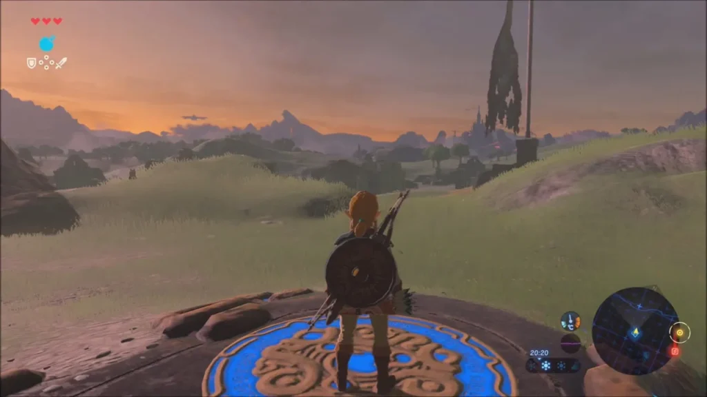 Link on the shrine platform looking out over the hills at sunset Link on the shrine platform looking out over the hills at sunset