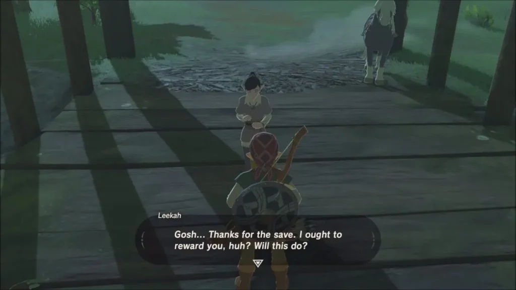 Leekah offering a reward to Link on the bridge Leekah offering a reward to Link on the bridge