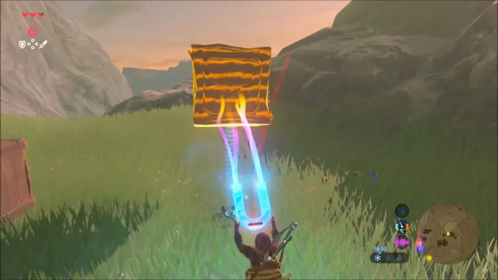 Link pulling a metal crate through the air with Magnesis Link pulling a metal crate through the air with Magnesis
