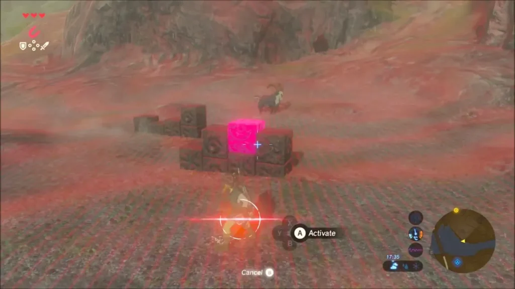 Link using Magnesis on a metal cube beside a row of carved stone blocks Link using Magnesis on a metal cube beside a row of carved stone blocks