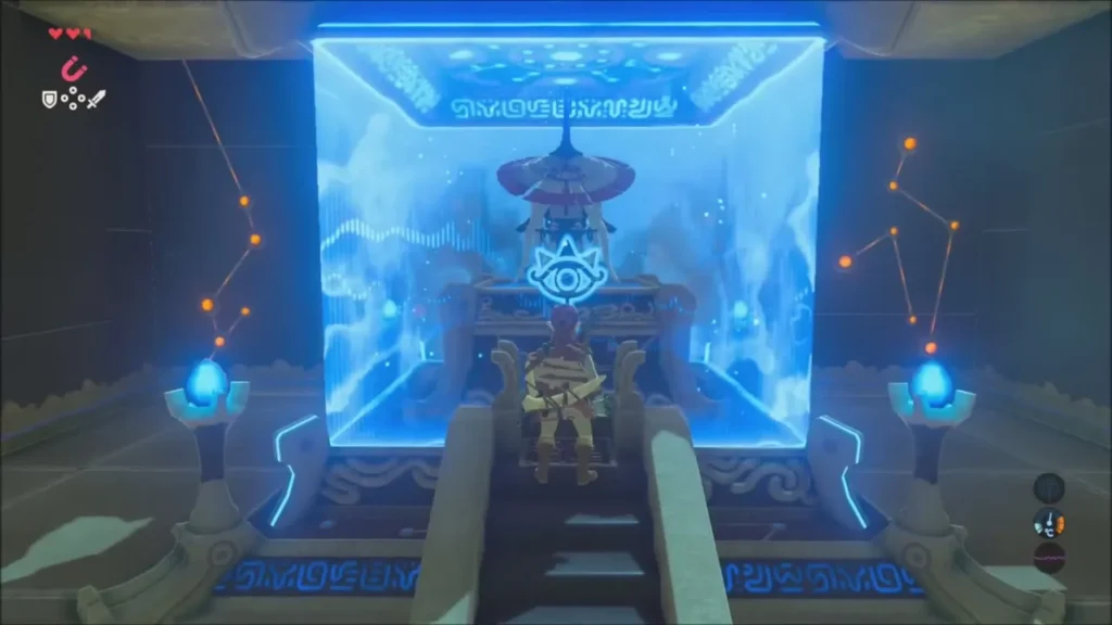 Link climbing the steps toward the glowing shrine altar where the monk waits Link climbing the steps toward the glowing shrine altar where the monk waits