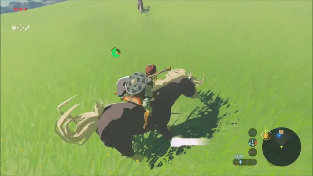 Link mounting a wild horse in an open meadow Link mounting a wild horse in an open meadow