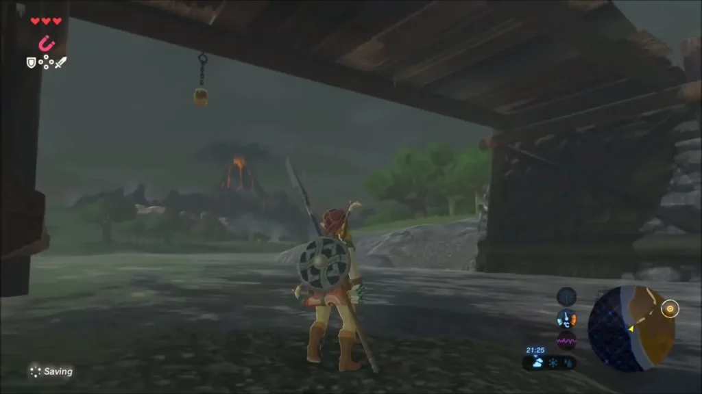 Link beneath the bridge looking at a nut hanging from a chain Link beneath the bridge looking at a nut hanging from a chain