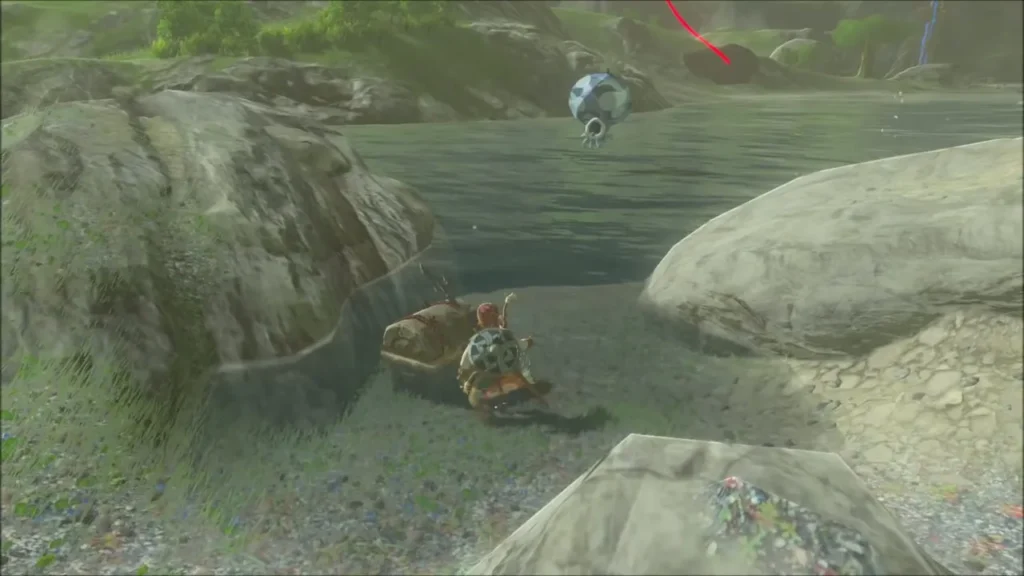 Link opening a chest at the water's edge beside a stranded log Link opening a chest at the water's edge beside a stranded log