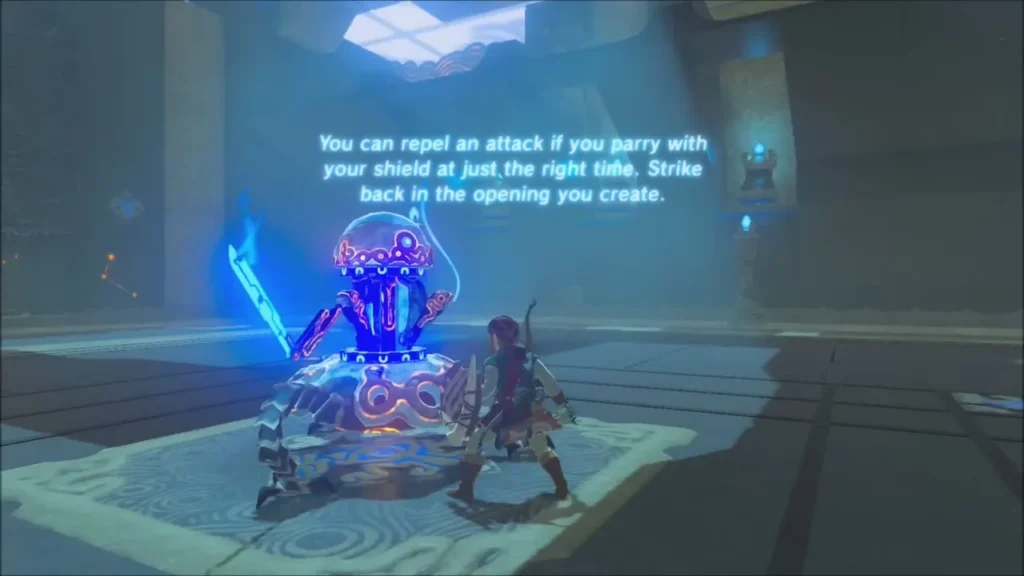 Shrine text explaining how to parry with a shield and strike back in the opening Shrine text explaining how to parry with a shield and strike back in the opening