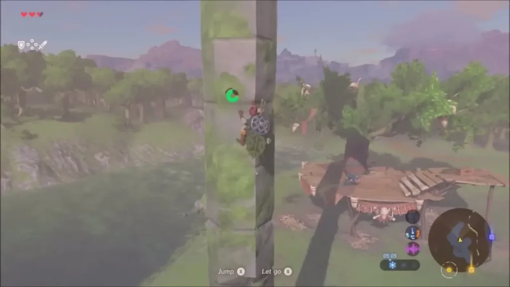 Link scaling the tall stone pillar above the river with a tree camp below Link scaling the tall stone pillar above the river with a tree camp below