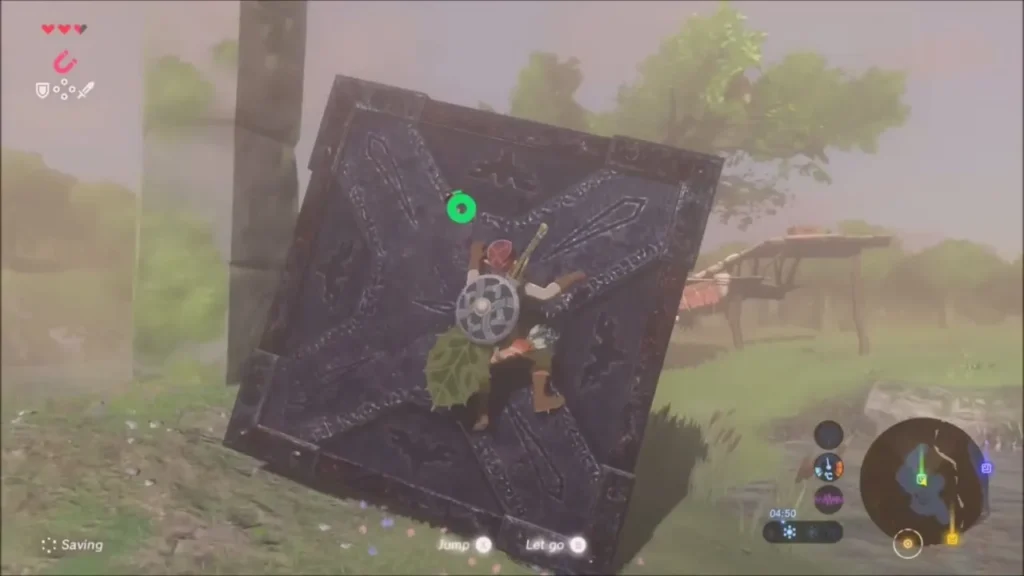 Link climbing a stone cube beside the ruined pillars in the shallows Link climbing a stone cube beside the ruined pillars in the shallows