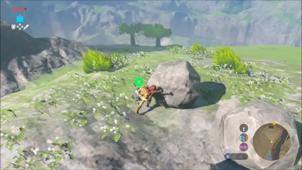 Link pushing a boulder toward the slope of the hill Link pushing a boulder toward the slope of the hill