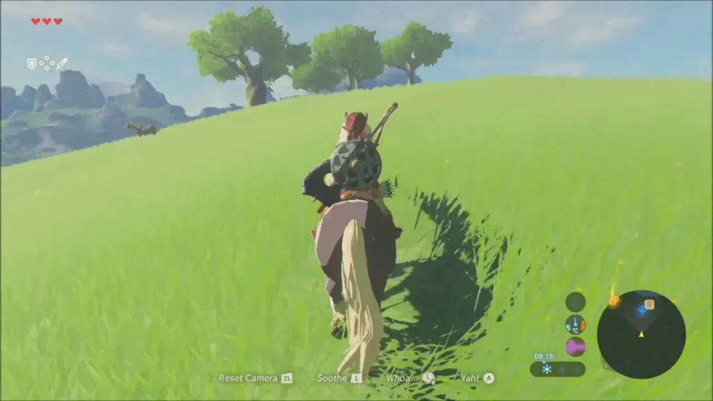 Link riding the settled horse over rolling hills Link riding the settled horse over rolling hills