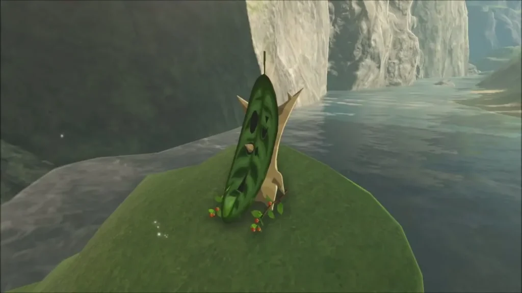 A Korok standing on a mossy island in the river A Korok standing on a mossy island in the river