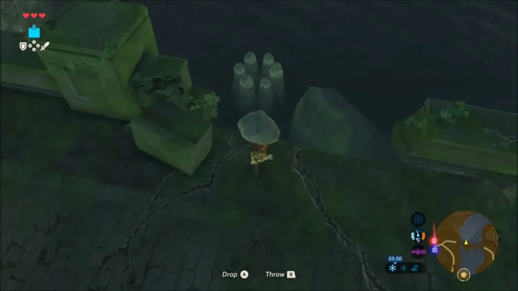 Link holding the rock with the ring of short stone posts in the water below Link holding the rock with the ring of short stone posts in the water below
