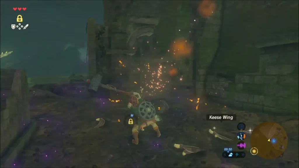 Link fighting Keese amid sparks inside the ruined stone walls Link fighting Keese amid sparks inside the ruined stone walls