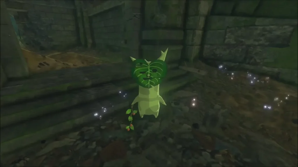 A Korok with a leaf mask standing among the ruined stones A Korok with a leaf mask standing among the ruined stones