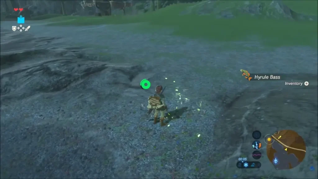 Link on the pale pebbly shore picking up a Hyrule Bass Link on the pale pebbly shore picking up a Hyrule Bass