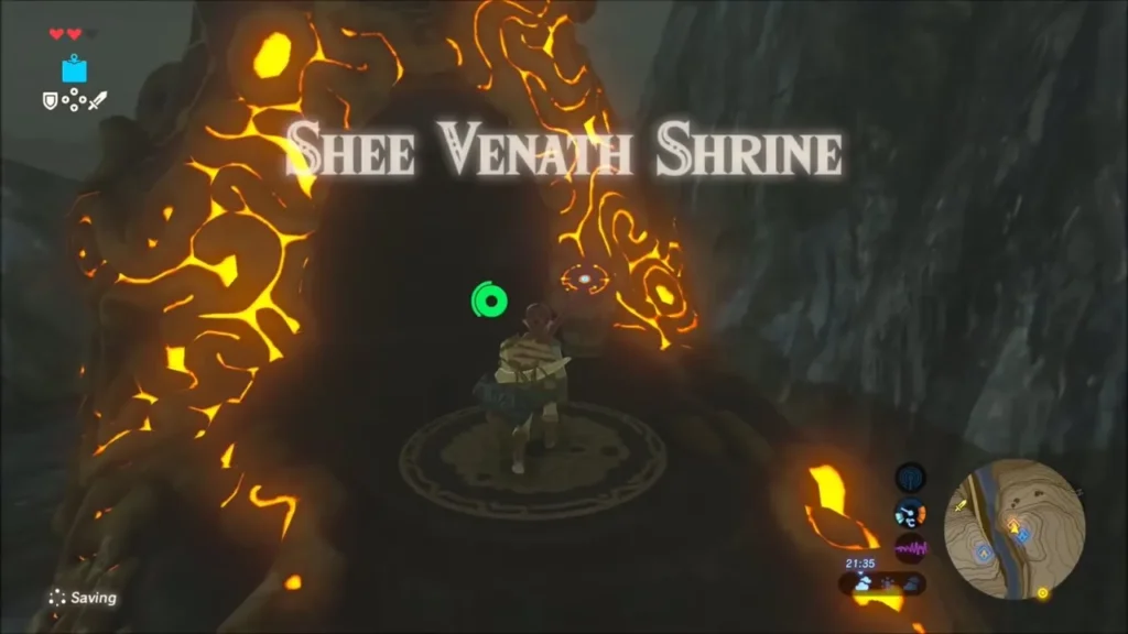 Shee Venath Shrine title over the glowing entrance with Link below Shee Venath Shrine title over the glowing entrance with Link below