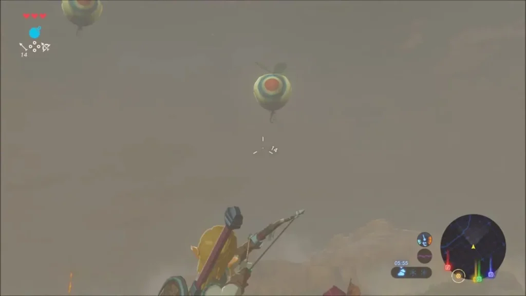 Link drawing his bow at a floating target balloon above the summit Link drawing his bow at a floating target balloon above the summit