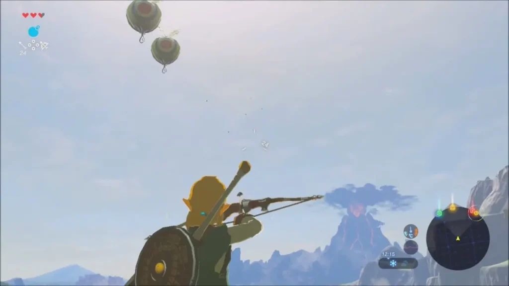 Link aiming his bow at two balloons overhead Link aiming his bow at two balloons overhead