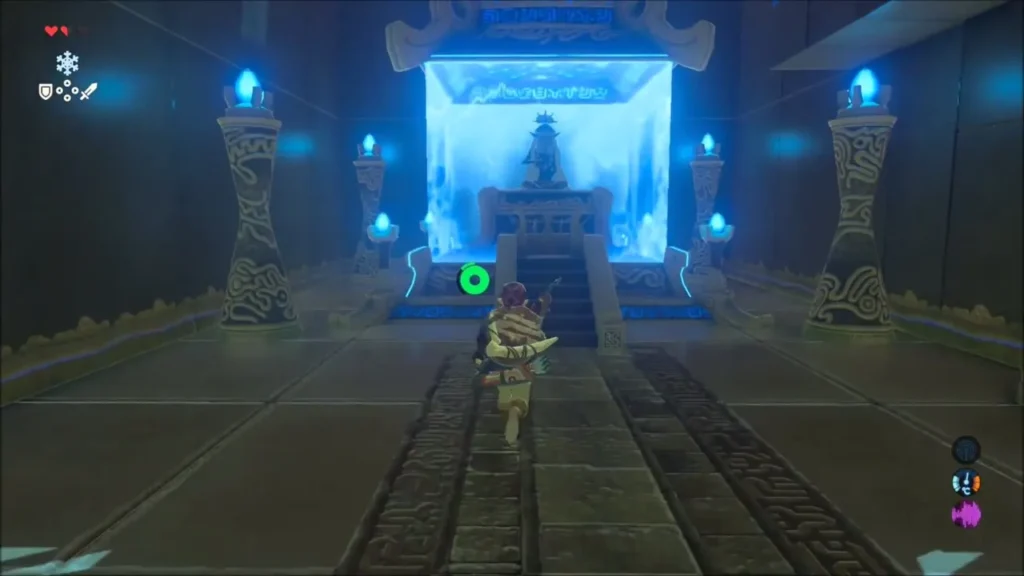 Link running toward the monk's chamber behind the glowing gate Link running toward the monk's chamber behind the glowing gate