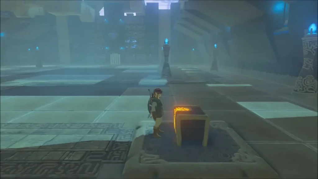Link beside the first glowing chest in the shrine entry room Link beside the first glowing chest in the shrine entry room