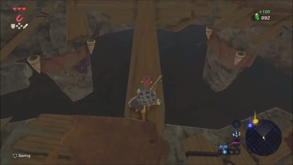 Link on a wooden walkway after the chest pays out 100 rupees Link on a wooden walkway after the chest pays out 100 rupees