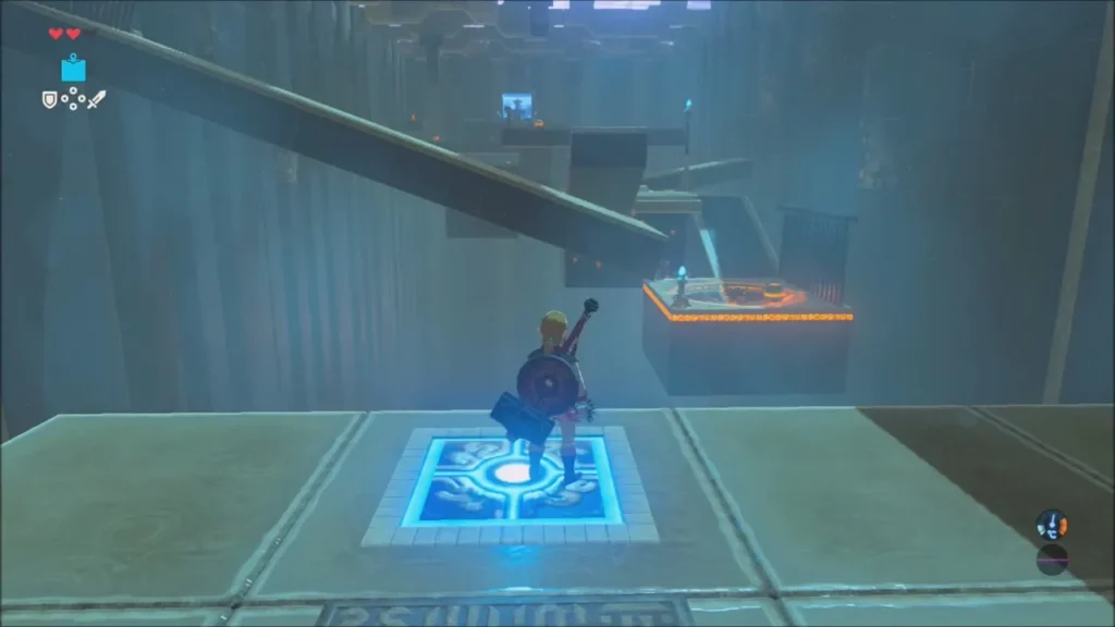 Link on a glowing floor switch below a tilted stone slab in Ree Dahee Shrine Link on a glowing floor switch below a tilted stone slab in Ree Dahee Shrine