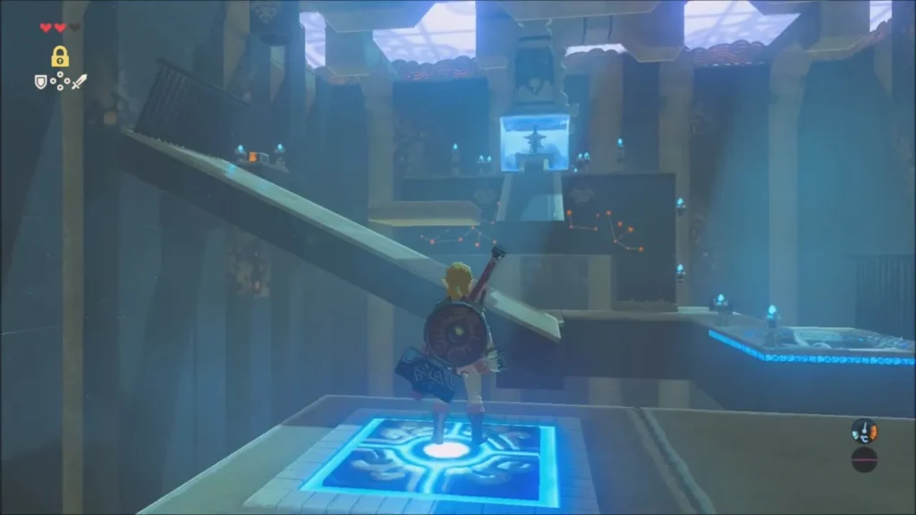 Link on the floor switch as a long slab angles toward the shrine's far side Link on the floor switch as a long slab angles toward the shrine's far side