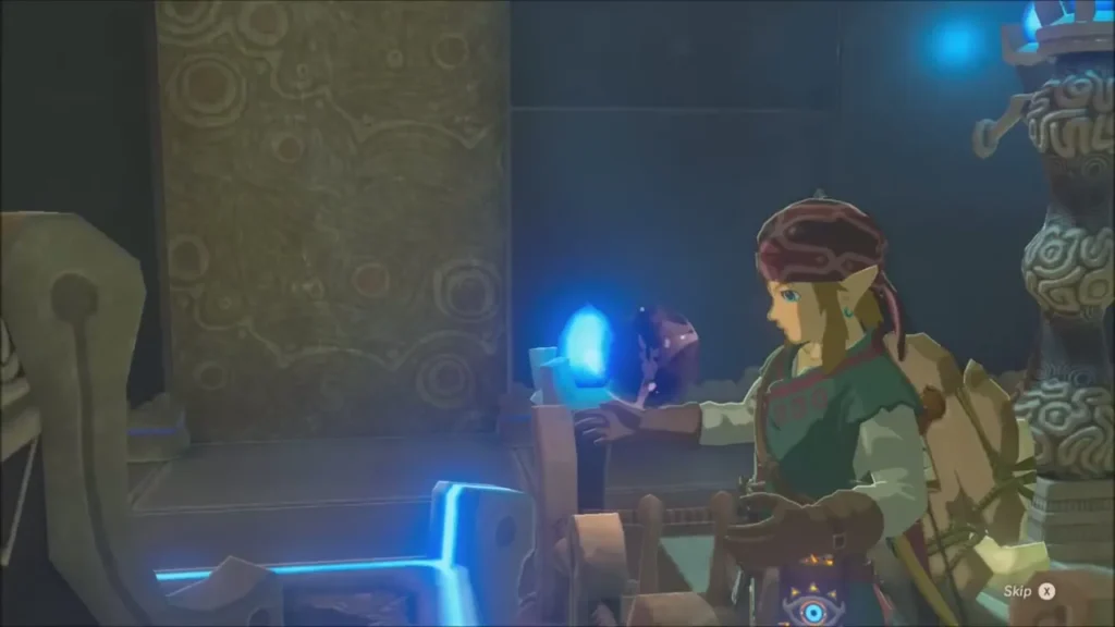 Link taking the glowing blue Spirit Orb from the altar Link taking the glowing blue Spirit Orb from the altar