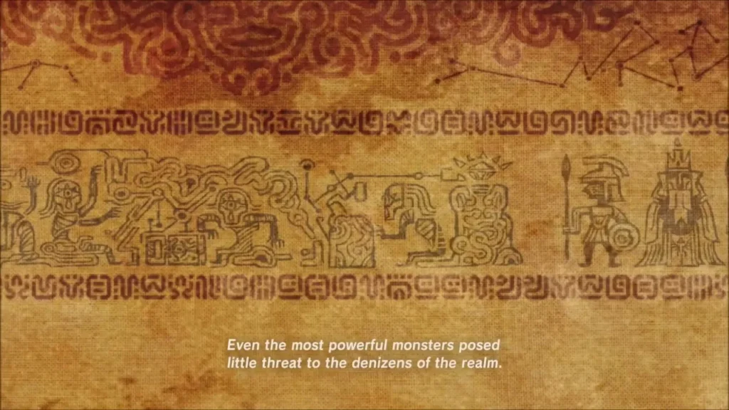 Ancient mural of Hyrule's advanced civilization with the story narration Ancient mural of Hyrule's advanced civilization with the story narration