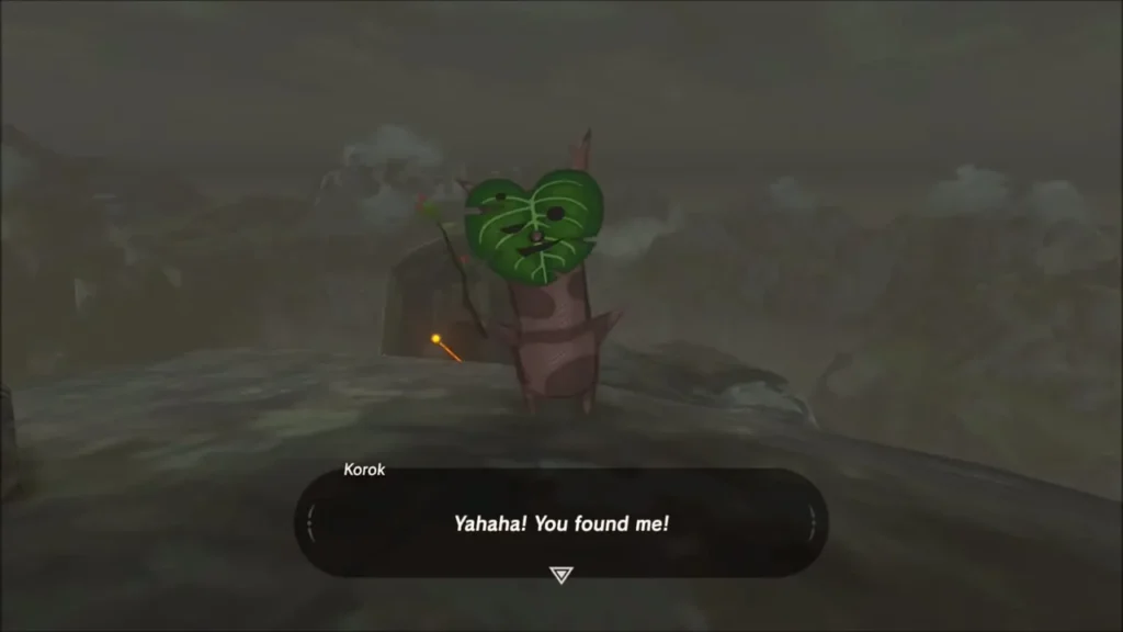 A Korok holding a leaf mask says you found it on the peak A Korok holding a leaf mask says you found it on the peak