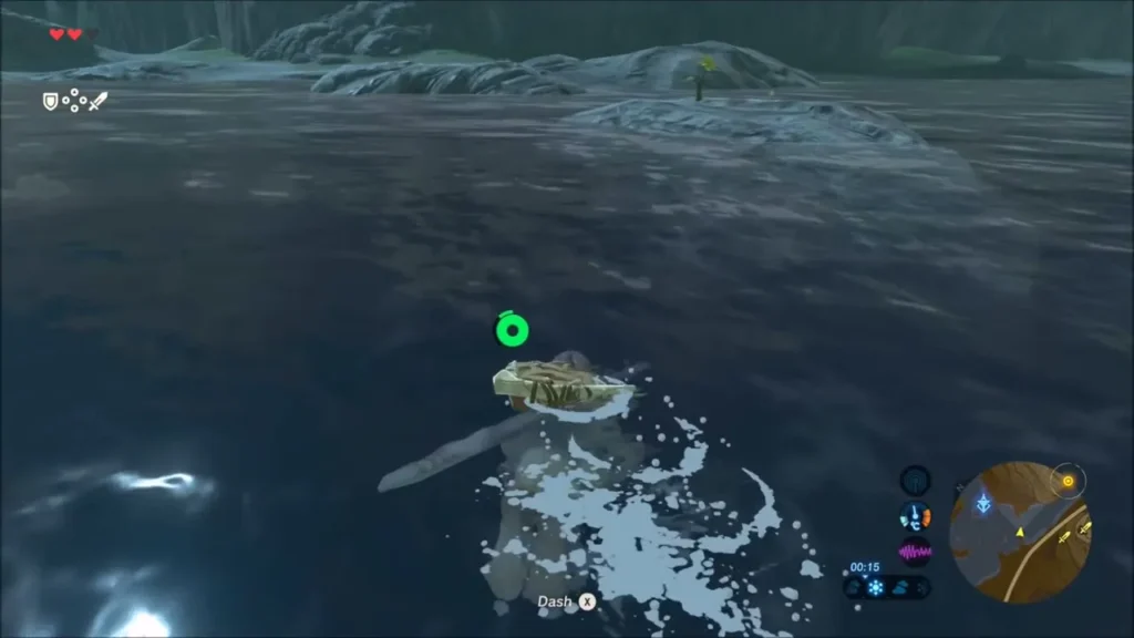 Link swimming across the river toward a rocky island with a yellow flower Link swimming across the river toward a rocky island with a yellow flower