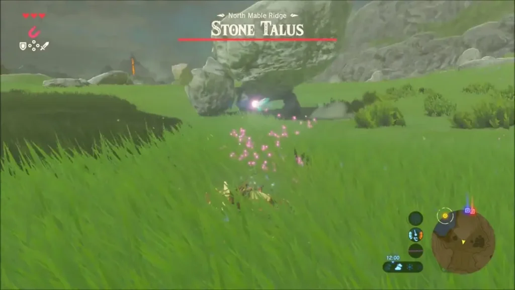 Stone Talus rising from the grass of North Mable Ridge as Link approaches Stone Talus rising from the grass of North Mable Ridge as Link approaches