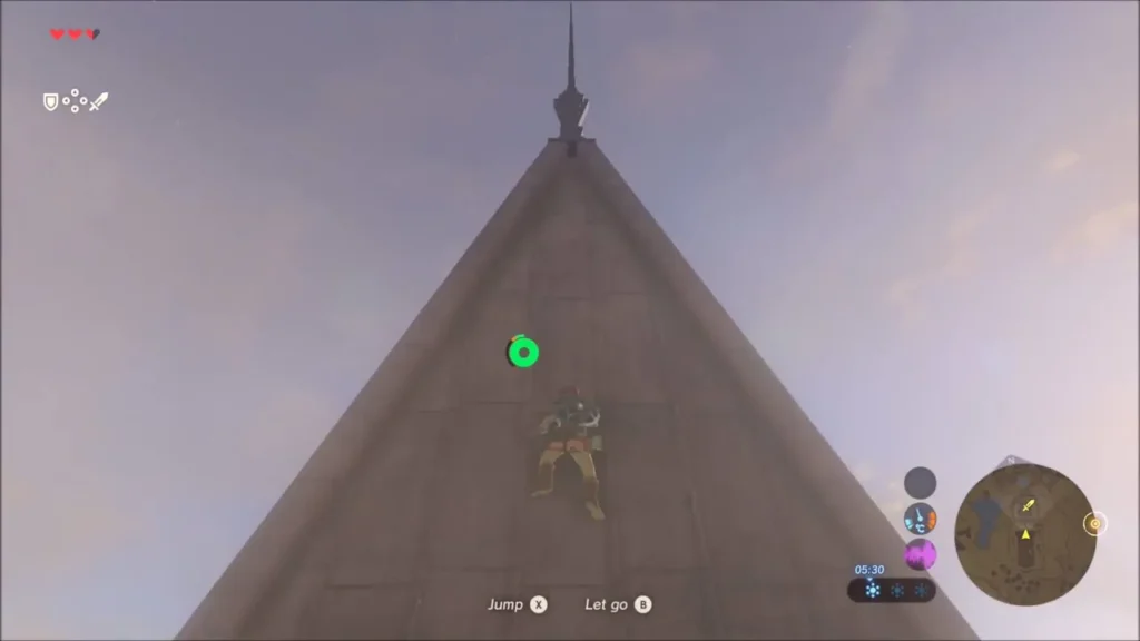 Link climbing the steep pointed roof of the Temple of Time Link climbing the steep pointed roof of the Temple of Time