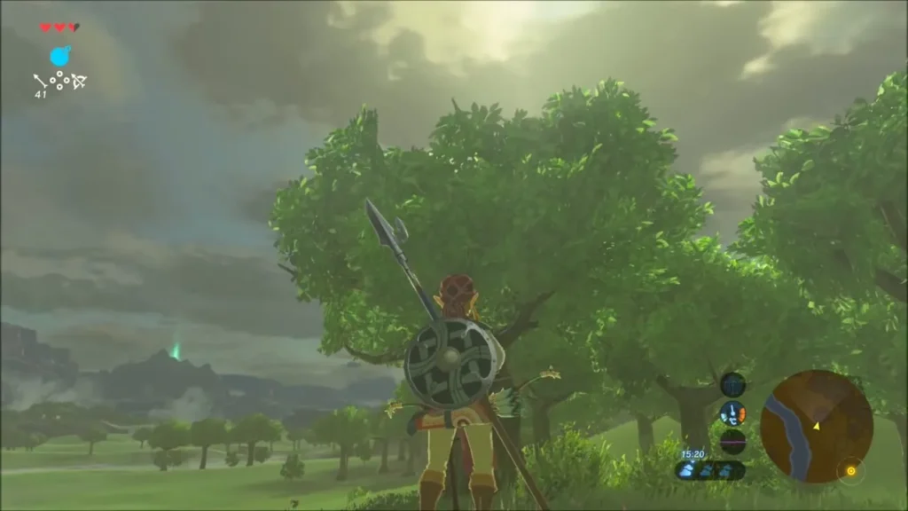 Link standing at the foot of a thick leafy tree by the lake woods Link standing at the foot of a thick leafy tree by the lake woods
